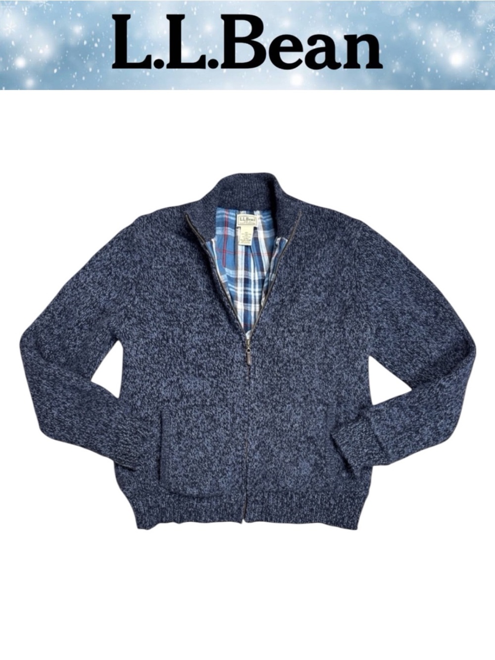 L.L. BEAN CLASSIC BLUE LAMBSWOOL SWEATER JACKET PLAID LINED ZIP CARDIGAN SIZE M